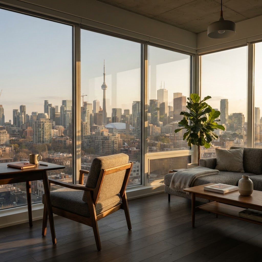 Condo lounge with neutral grey solar-control windows receiving late-afternoon sunlight