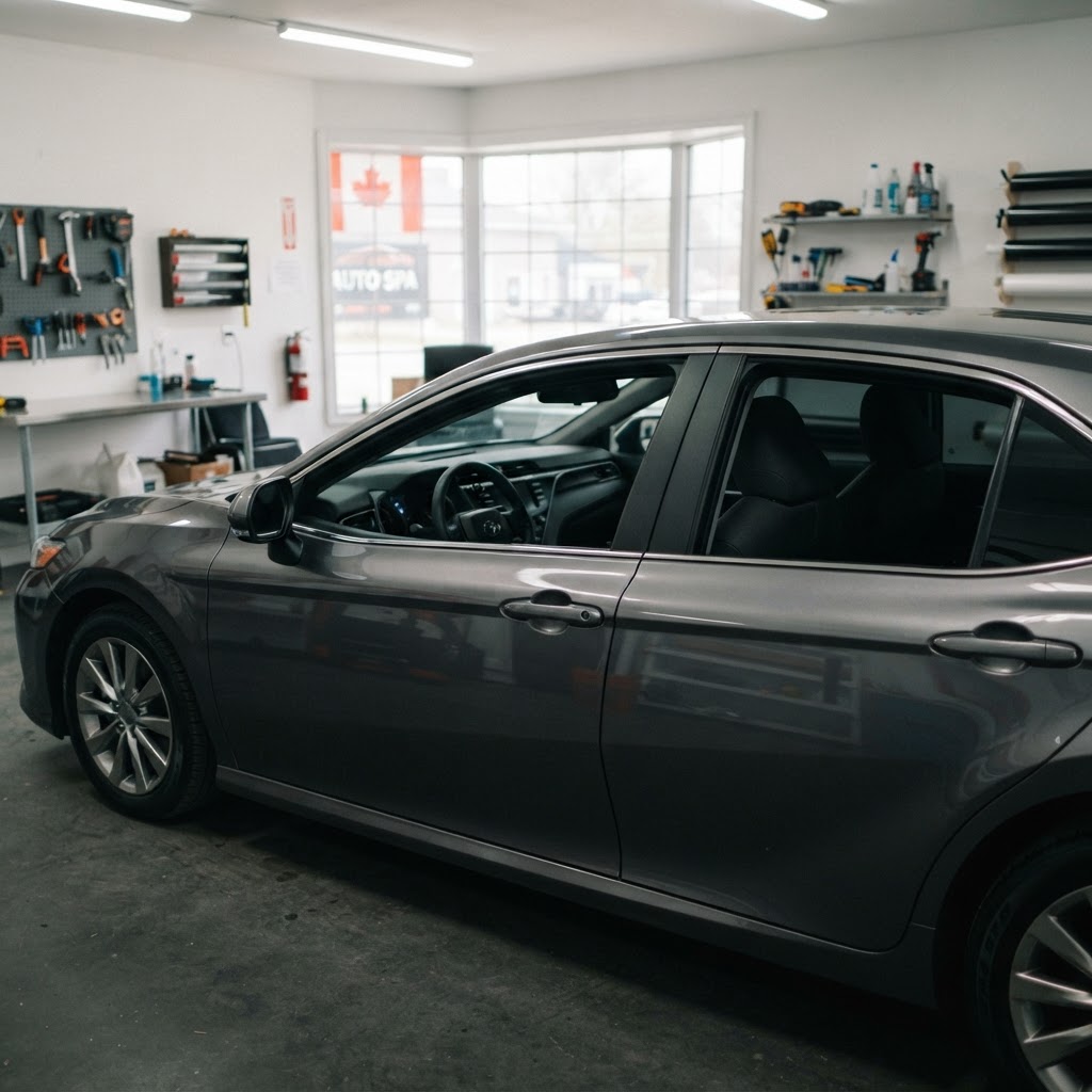 Charcoal four-door sedan with subtly tinted side windows inside a window film workshop