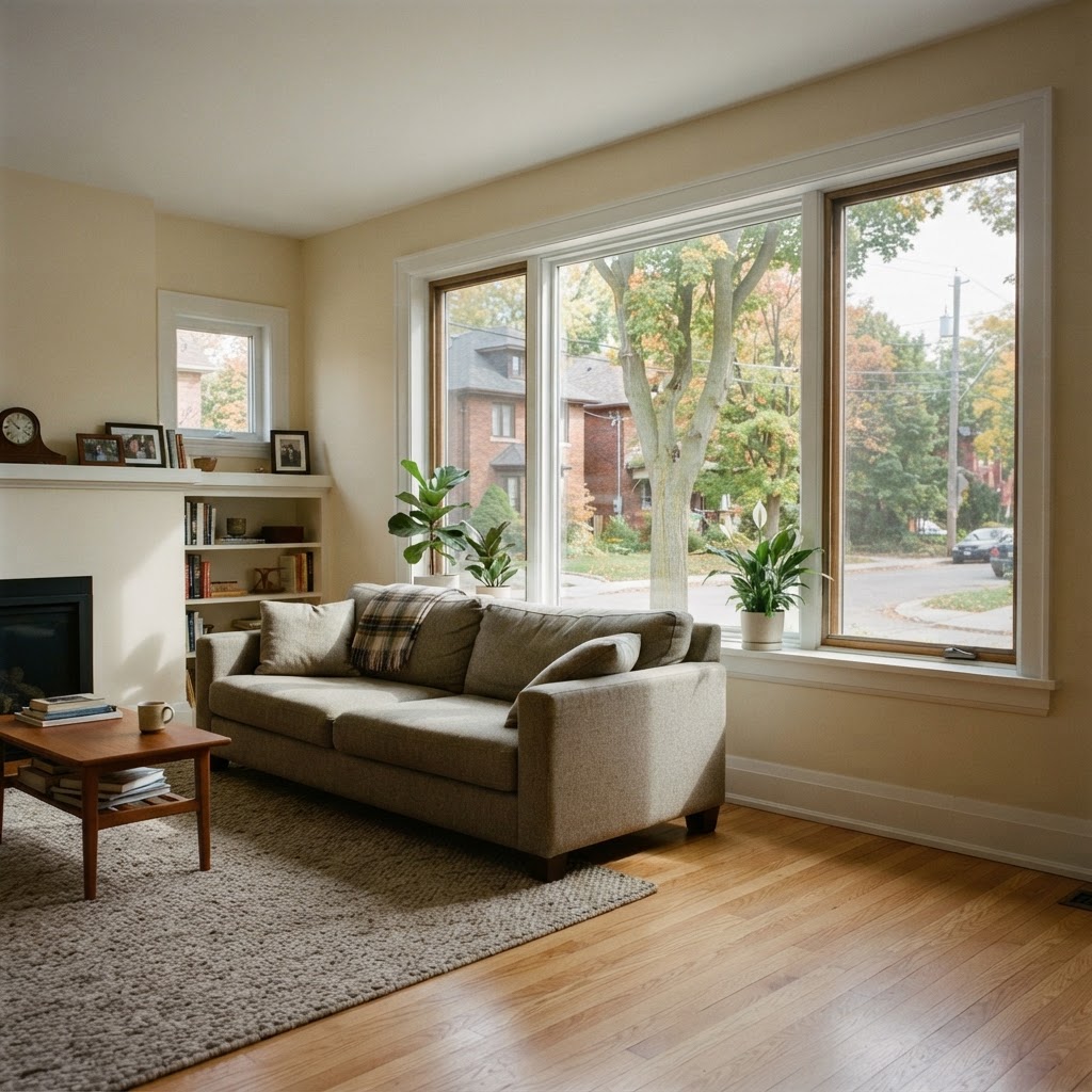 Living room with neutral window film, oak flooring and a view of a leafy residential street