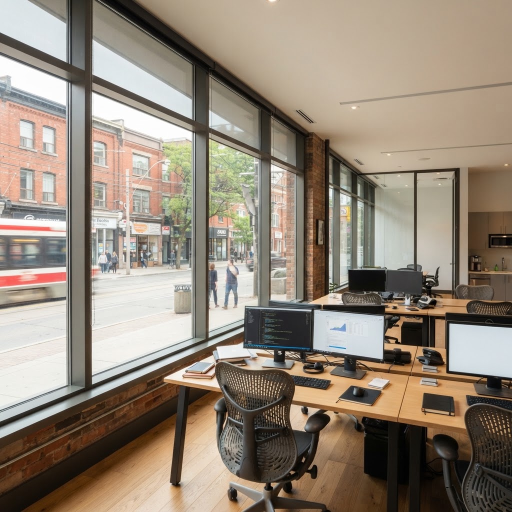 Street-level office with neutral solar-control glazing beside desks and computer monitors