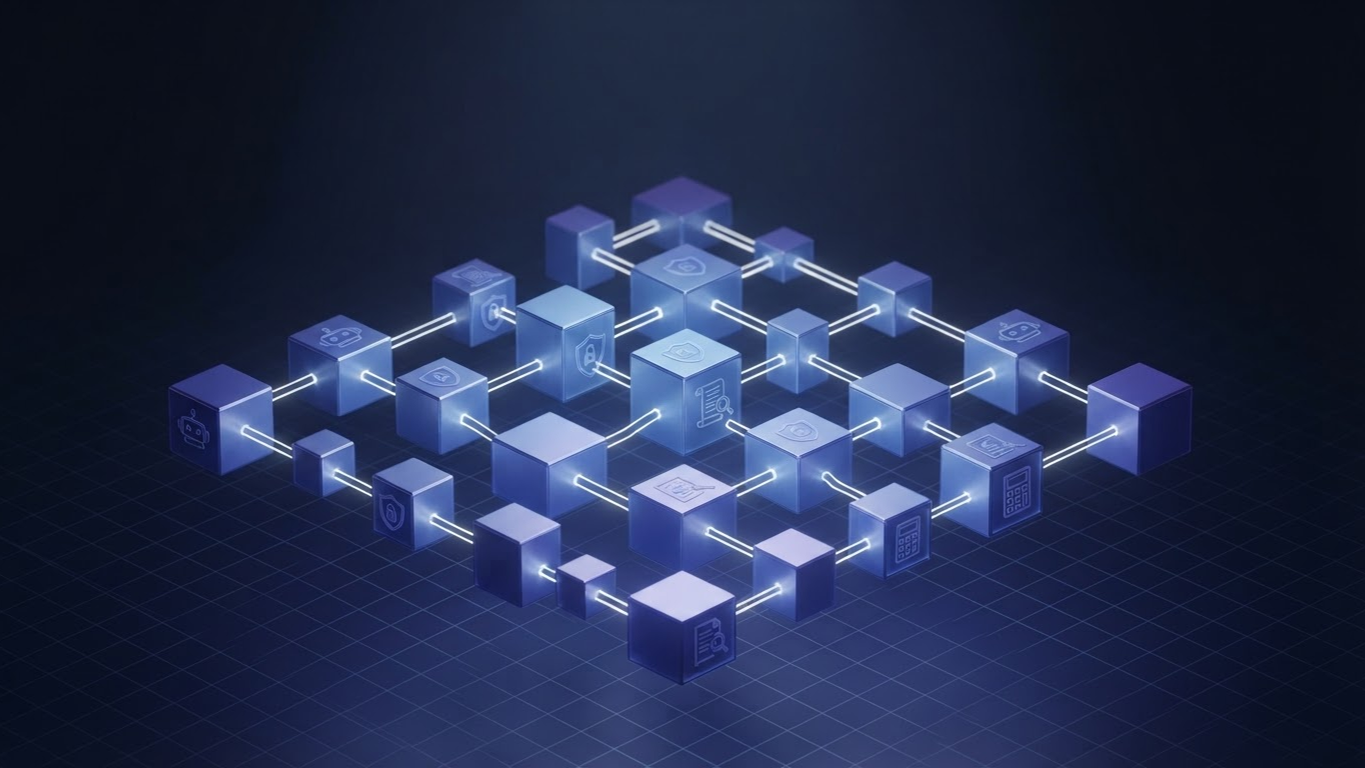 An isometric grid of connected modules for agents, permissions, audits and billing