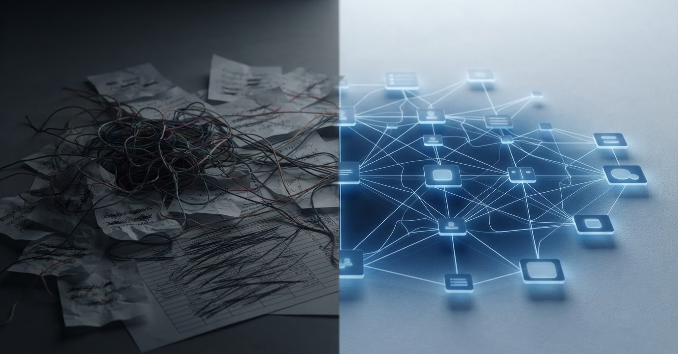 A tangled manual workflow on the left transforming into an organized, glowing network on the right