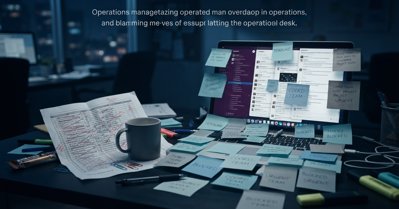 A cluttered desk covered in sticky notes and spreadsheets — AI operations run manually