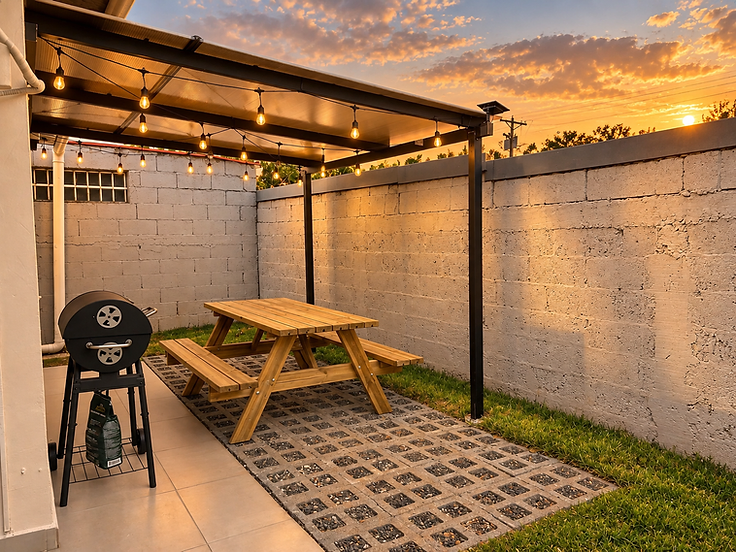Patio exterior equipado con barbacoa y mesa de picnic al atardecer