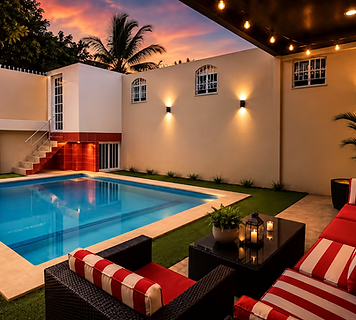 Casa Rossa pool and outdoor lounge at sunset