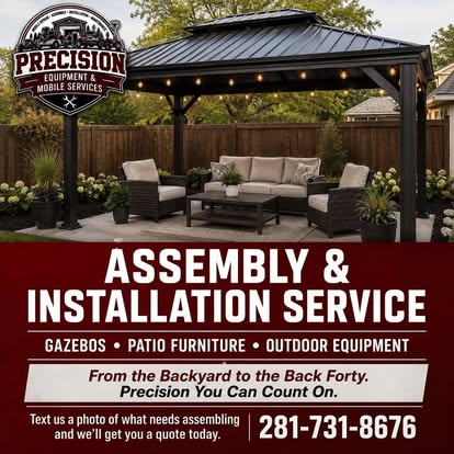 Black metal gazebo with patio furniture assembled on stone patio