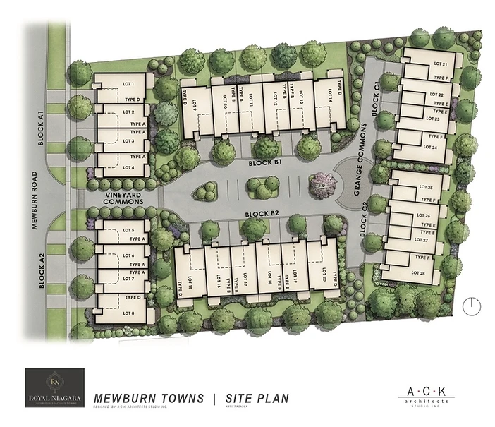 Illustrative site plan of Royal Niagara Towns showing Blocks A, B and C arranged around Vineyard Commons and Grange Commons, fronting Mewburn Road