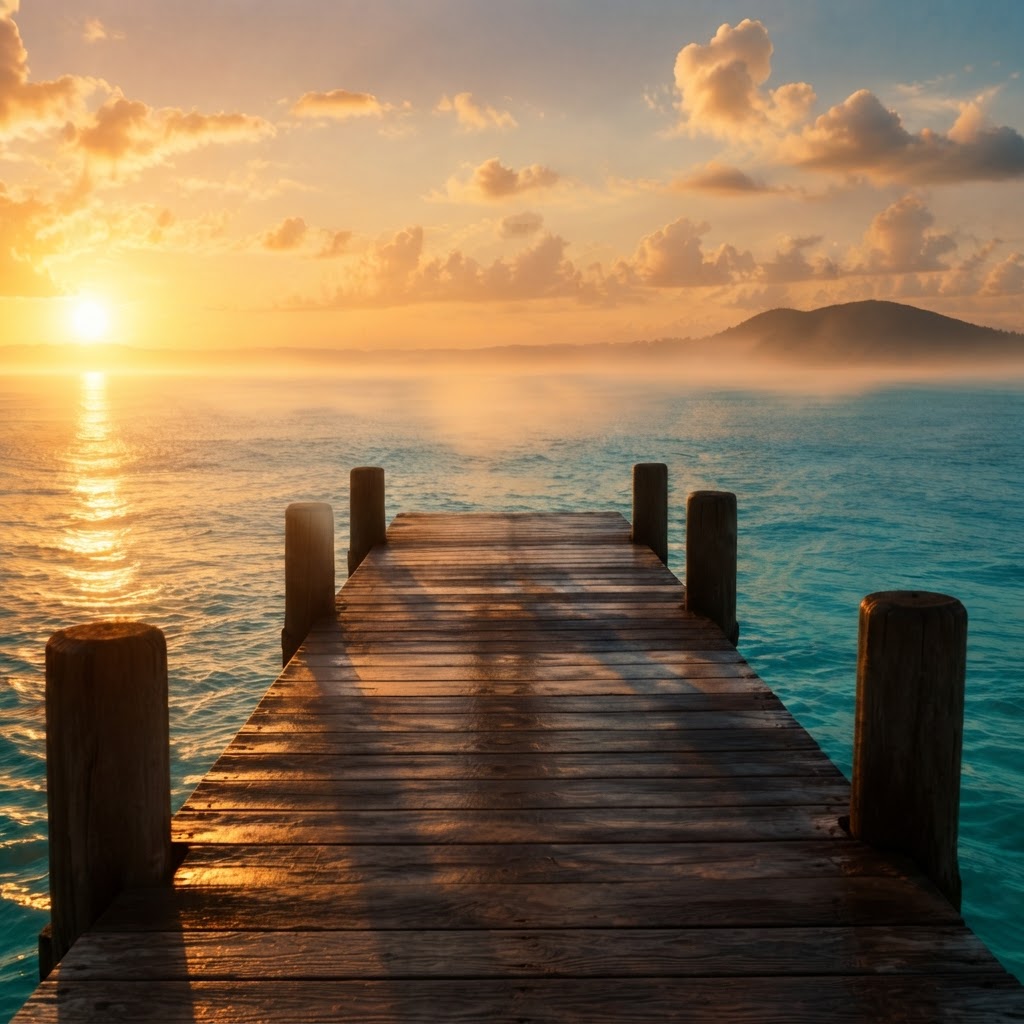 A wooden pier stretching into the turquoise Bahamian sea at sunrise