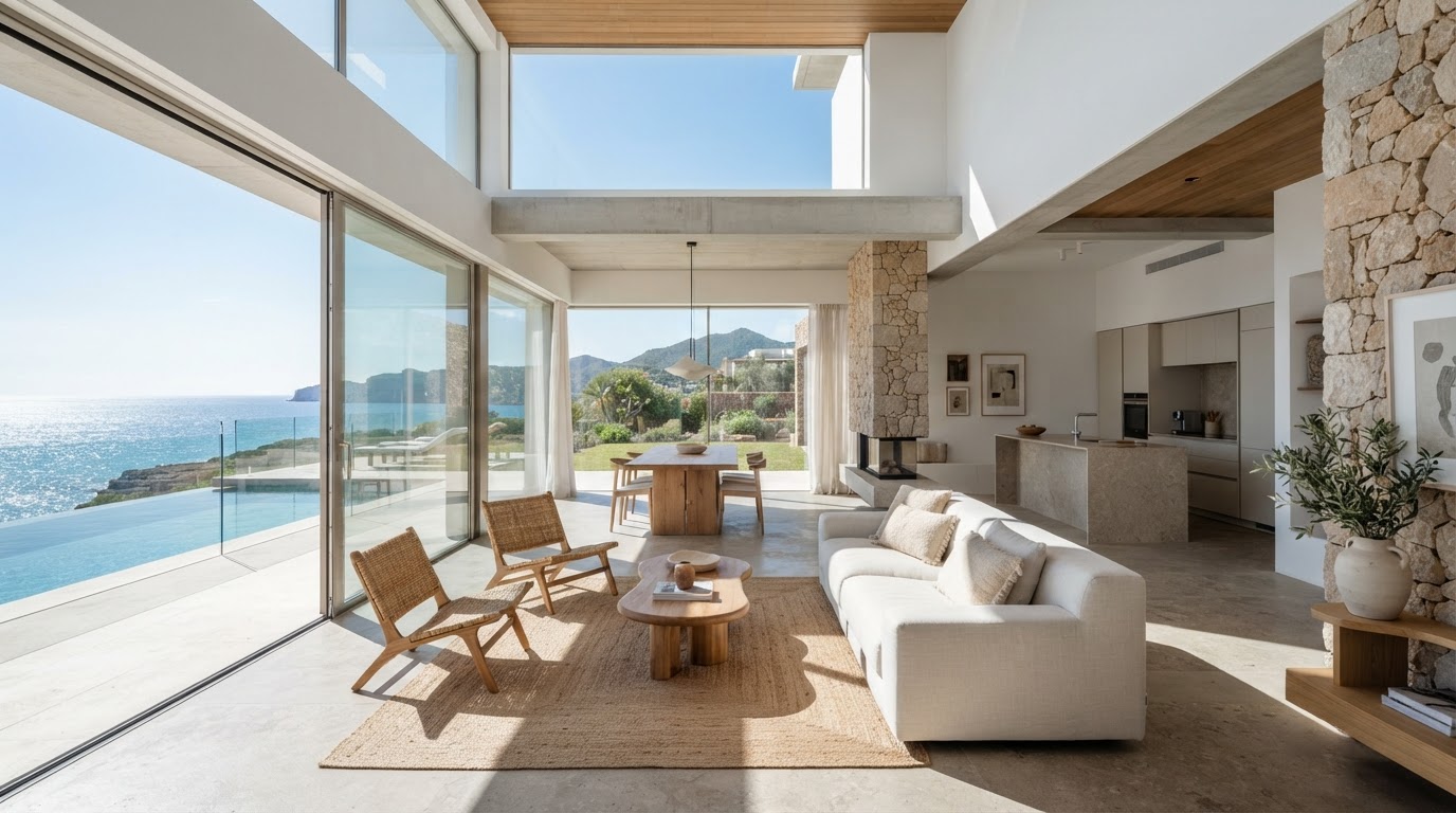 Villa moderna en Ibiza con interior luminoso y diseño minimalista mediterráneo