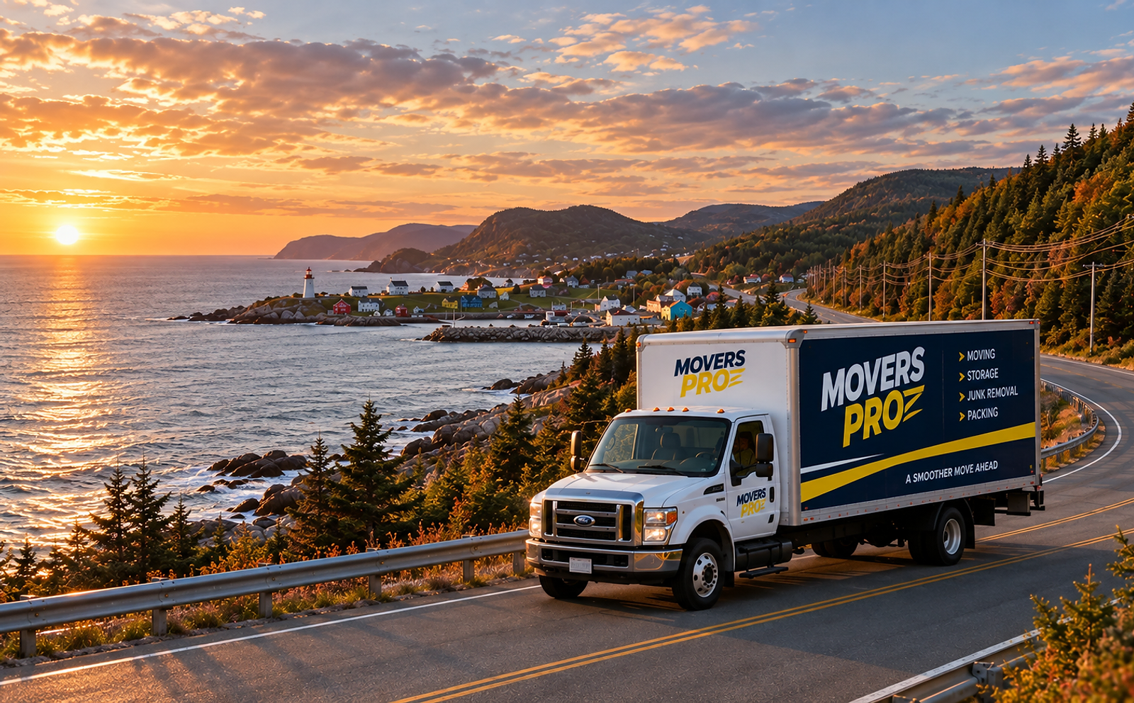 Movers Pro moving truck on a Newfoundland coastal highway at sunset