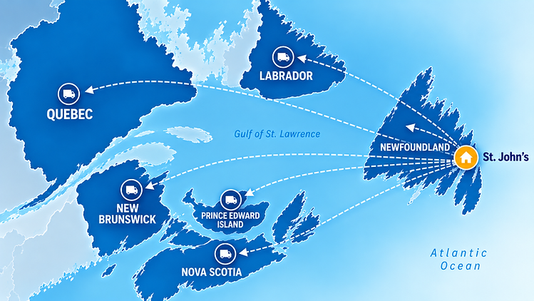Map of Atlantic Canada showing Movers Pro's long-distance moving routes from St. John's to Quebec, New Brunswick, Prince Edward Island, Nova Scotia, and Labrador