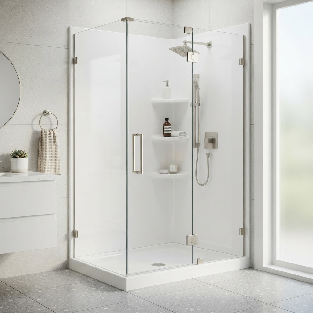 Luxan acrylic shower system with seamless white finish and chrome fixtures