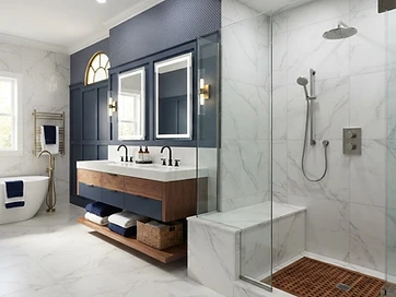 Finished marble-look tile shower with rainfall showerhead and built-in bench