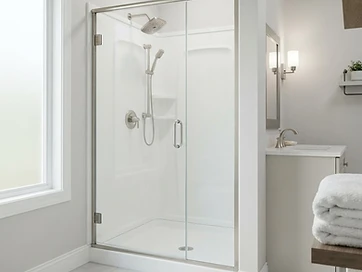 Finished seamless white acrylic shower system with brushed nickel fixtures