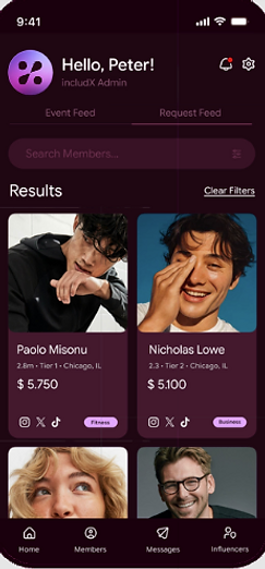 IncludX app interface showing the event and request feeds
