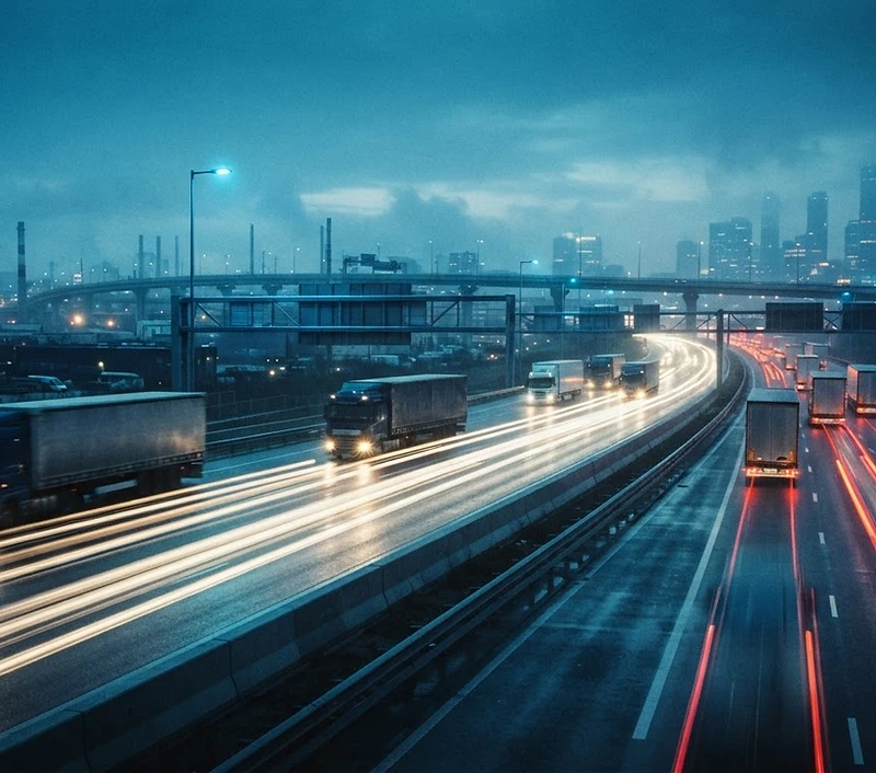 Fleet of trucks driving at dusk with light trails