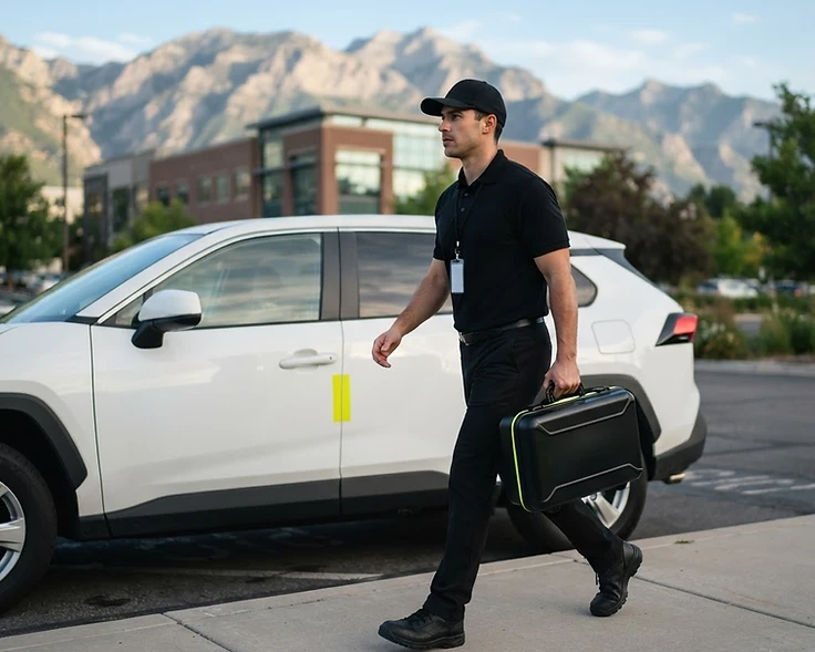Professional OTW courier carrying a delivery case beside a courier SUV with the Wasatch mountains in the background