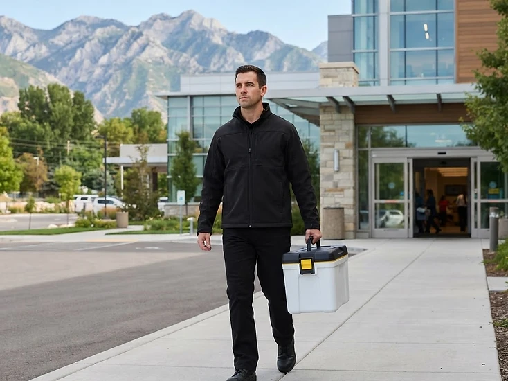 OTW medical courier carrying a sealed transport container into a Utah healthcare facility