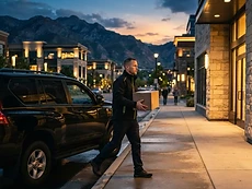 Professional OTW-style courier preparing for an urgent after-hours delivery in Utah