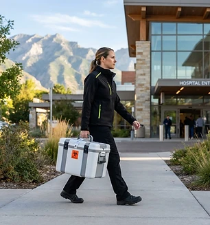 Professional medical courier carrying a secure transport container at a Utah healthcare facility
