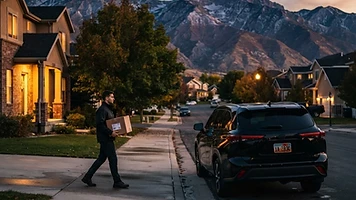 OTW rush courier making an after-hours delivery from a courier SUV at dusk along the Wasatch Front in Utah