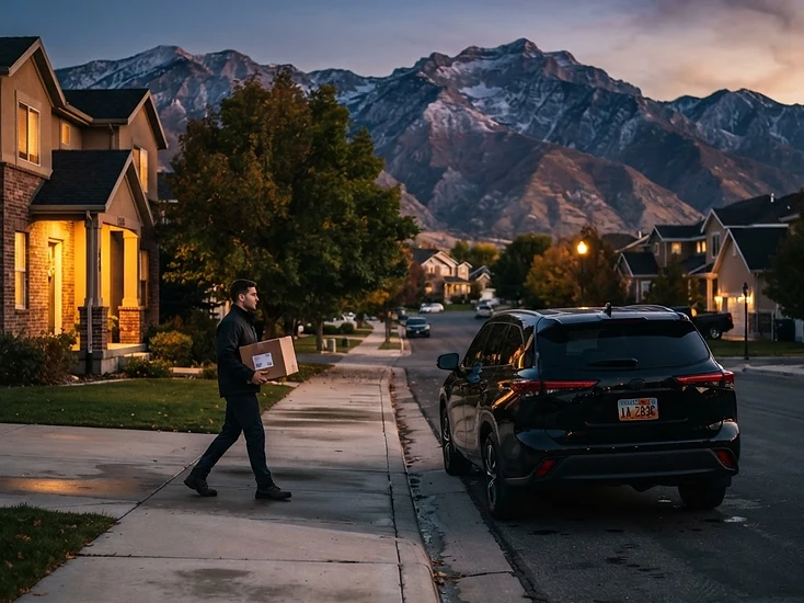 OTW rush courier making an after-hours delivery from a courier SUV at dusk along the Wasatch Front in Utah
