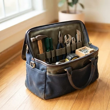 A well-organized tool bag on a wooden floor