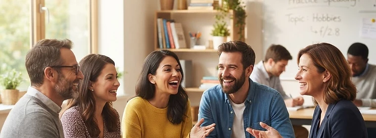 Grupo de alunos praticando conversação em inglês na SVN English Academy