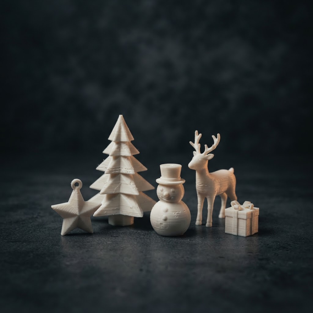 3D printed Christmas pieces — tree, snowman, reindeer and ornaments