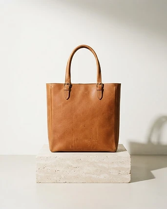 Sac cabas en cuir camel sur socle de pierre