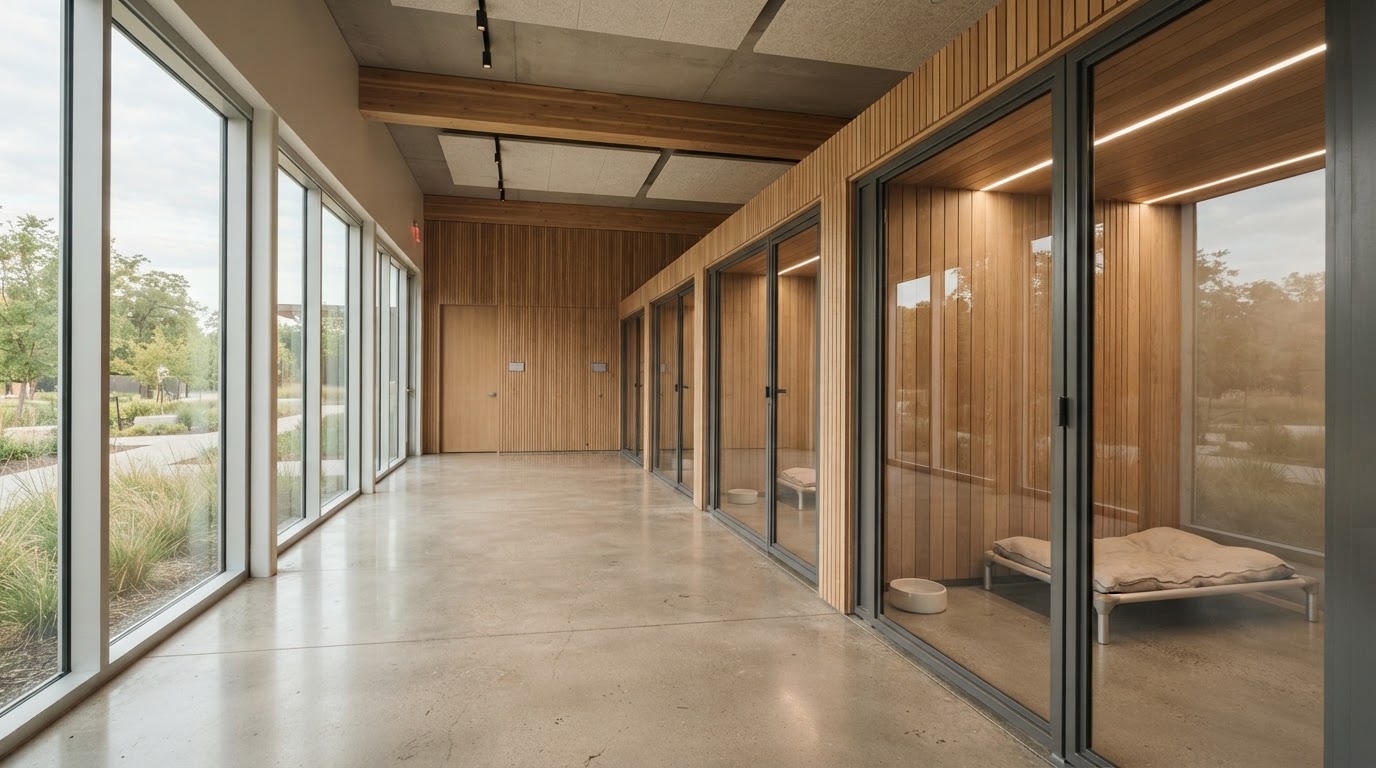 Oticram Kennel sanctuary interior — concrete, wood, natural light