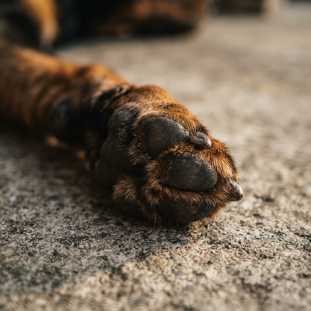 Macro detail of a German Shepherd's paw — quiet strength