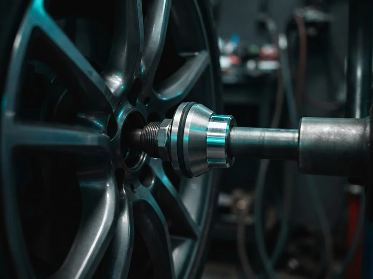 Professional tire balancing equipment with chrome and cyan reflections