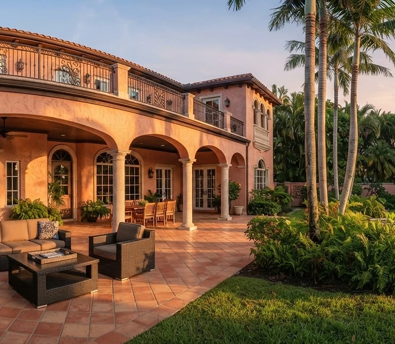 South Florida residential home veranda at sunrise with palms