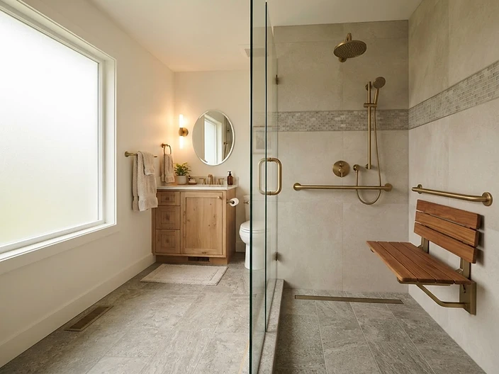 Accessible South Florida home bathroom with grab bars and step-free shower