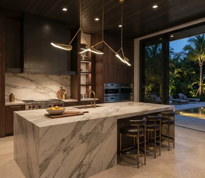 Expansive South Florida chef's kitchen with marble island looking out to a pool at dusk