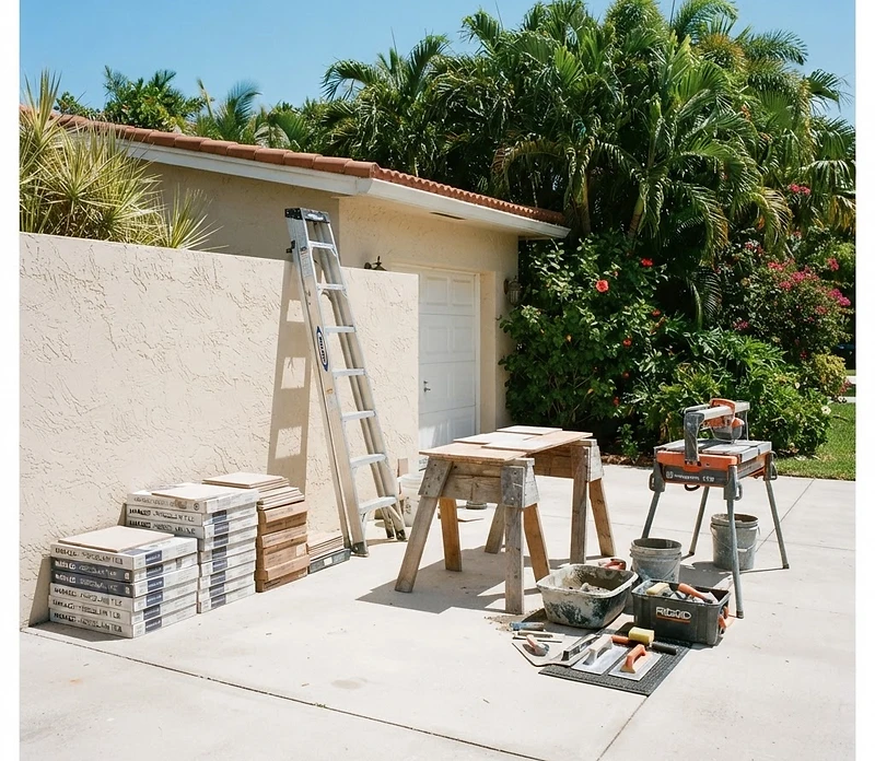 Sunlit work area with tools and materials at a South Florida home