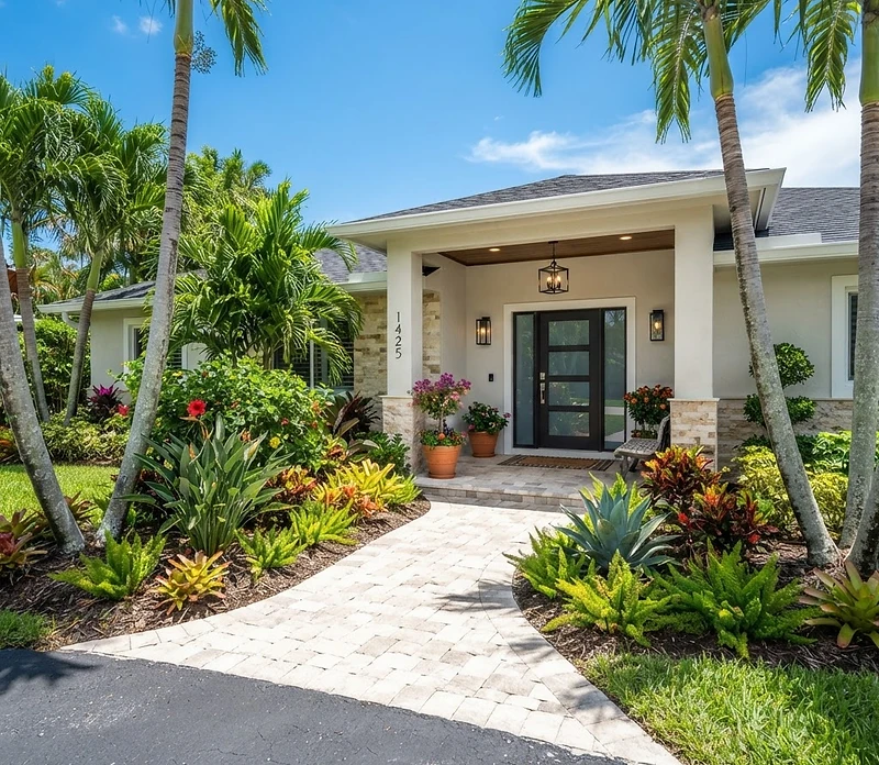 South Florida home with a freshly renovated entry and tropical landscaping