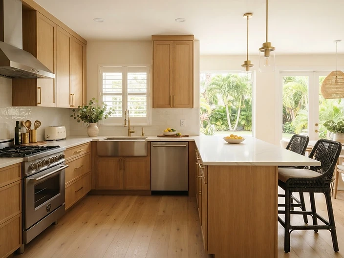 Remodeled South Florida kitchen with new cabinetry, countertops and island