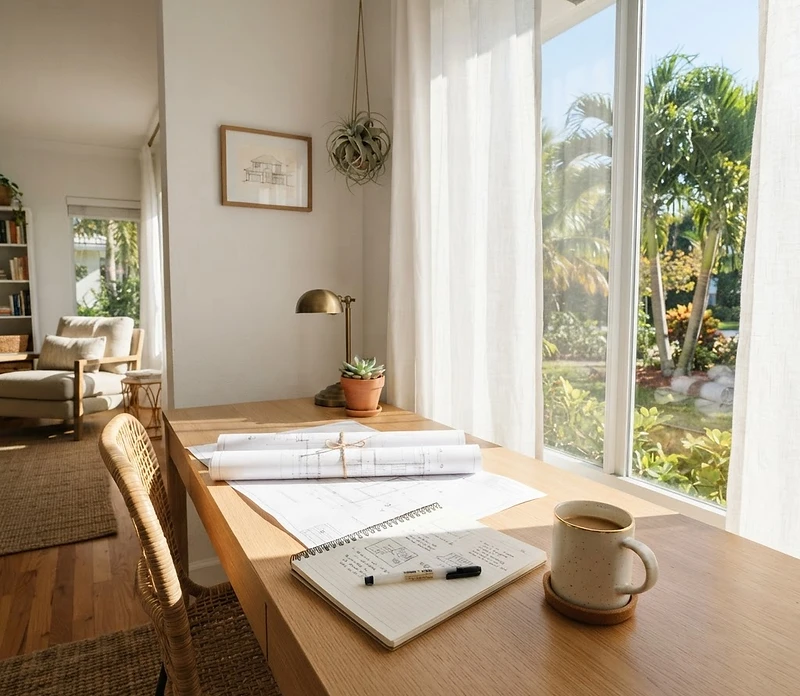 Sunlit desk with home improvement plans in a South Florida home