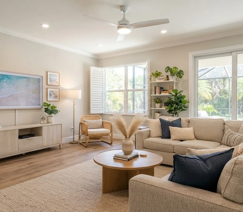 Modern remodeled living room with new wide-plank flooring and fresh neutral paint