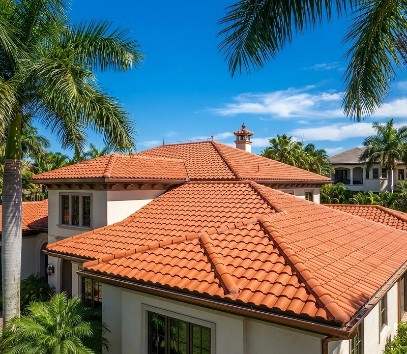 New terracotta barrel tile roof on a Florida home in bright sunlight