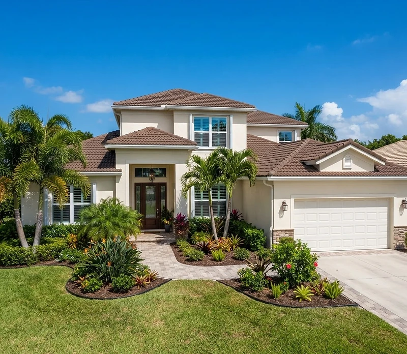 Sunlit South Florida home exterior with new roof and impact windows