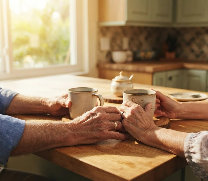 Senior couple's hands sharing coffee in a sun-drenched, comfortable kitchen