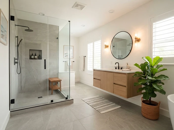 Updated South Florida bathroom with walk-in shower, new vanity and tile flooring
