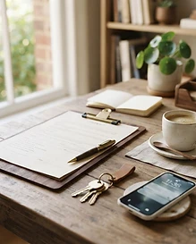 Home improvement contract on a clipboard on a desk with keys and a coffee cup