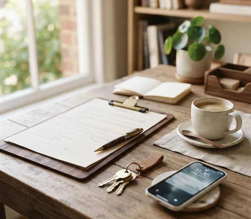 A homeowner's desk with contract paperwork, keys and a coffee cup