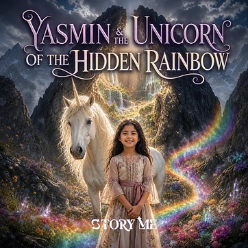 Illustrated cover for the personalized children's storybook The Unicorn of the Hidden Rainbow