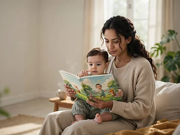 Parent reading a children's storybook with a baby