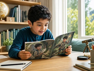 Child independently reading an adventure storybook
